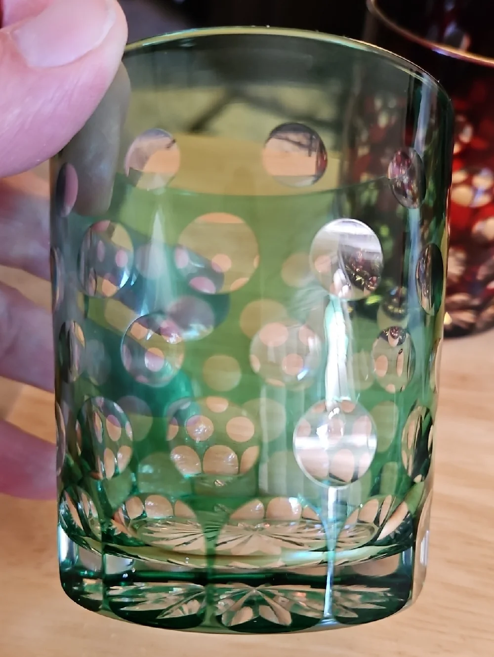 Vintage Cut Crystal Polka Dot Tumbler - Ruby Red and Green Glass Pair